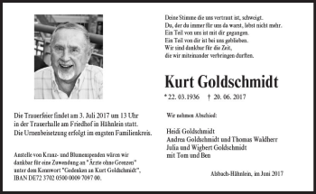 Traueranzeige von Kurt Goldschmidt von Trauerportal Echo Online
