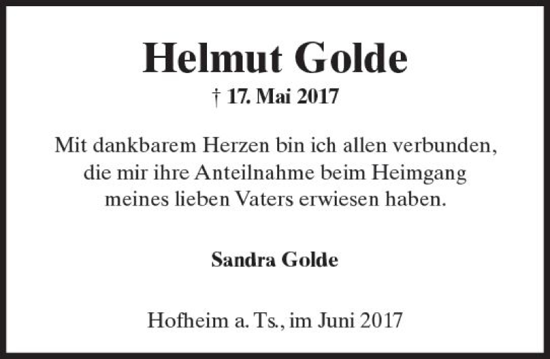  Traueranzeige für Helmut Golde vom 16.06.2017 aus Trauerportal Rhein Main Presse
