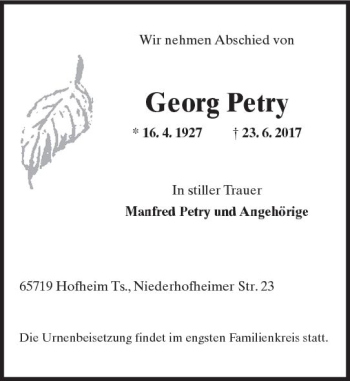 Traueranzeige von Georg Petry von Trauerportal Rhein Main Presse