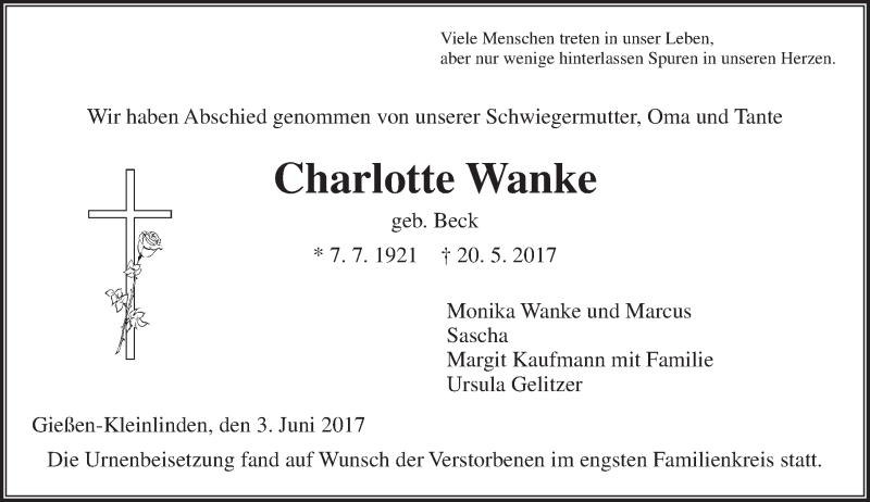  Traueranzeige für Charlotte Wanke vom 03.06.2017 aus  Gießener Anzeiger
