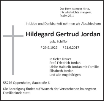 Traueranzeige von Hildegard Gertrud Jordan von Trauerportal Rhein Main Presse