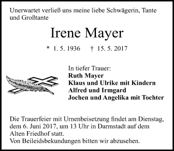 Traueranzeige von Irene Mayer von Trauerportal Echo Online