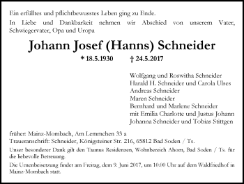 Traueranzeige von Johann Josef Schneider von Trauerportal Rhein Main Presse