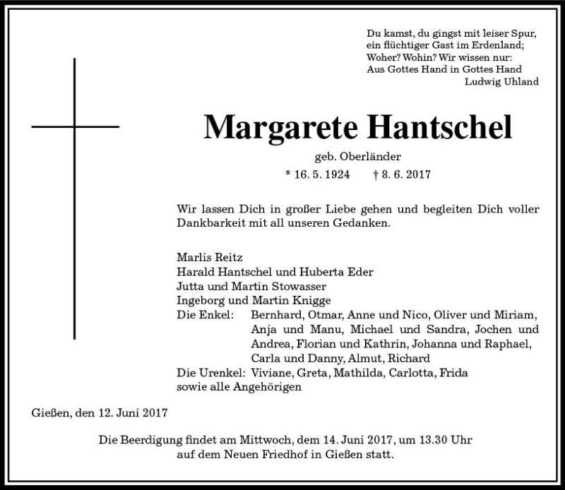  Traueranzeige für Margarete Hantschel vom 12.06.2017 aus  Gießener Anzeiger