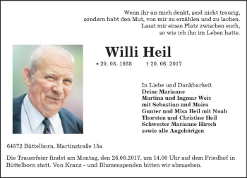 Traueranzeige von Willi Heil von Trauerportal Echo Online
