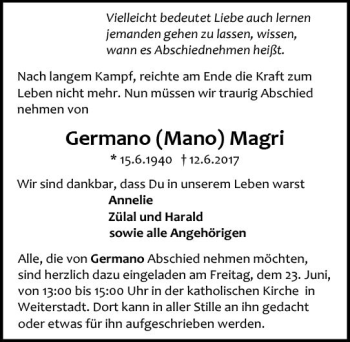 Traueranzeige von Germano Magri von Trauerportal Echo Online