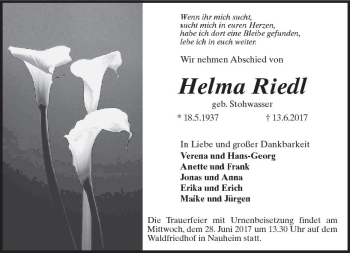 Traueranzeige von Helma Ried von Trauerportal Rhein Main Presse