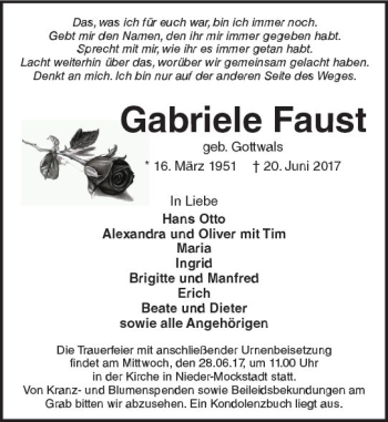 Traueranzeige von Gabriele Faust von  Kreisanzeiger