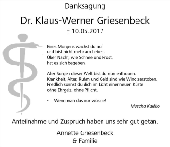 Traueranzeige von Klaus-Werner Griesenbeck von Trauerportal Echo Online