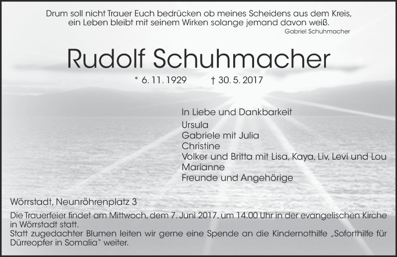  Traueranzeige für Rudolf Schuhmacher vom 03.06.2017 aus Trauerportal Rhein Main Presse