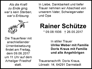 Traueranzeige von Rainer Schütze von Trauerportal Echo Online