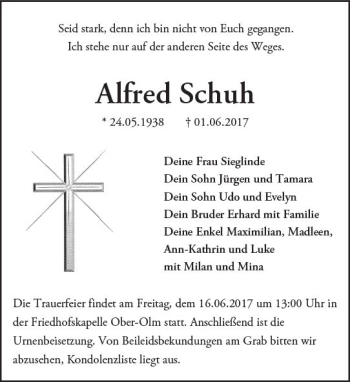 Traueranzeige von Alfred Schuh von Trauerportal Rhein Main Presse