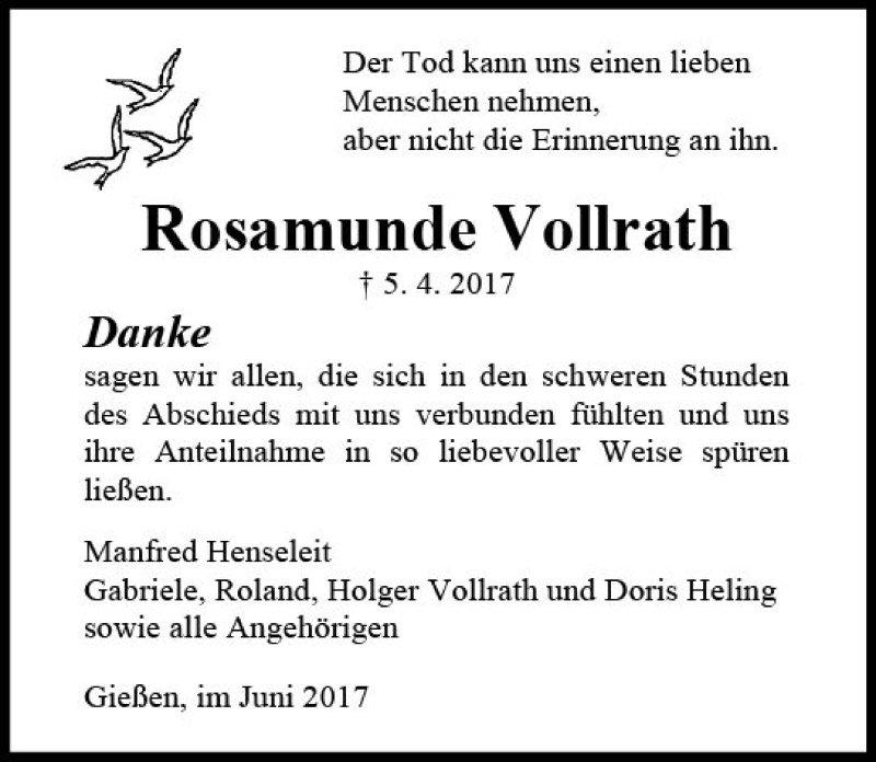  Traueranzeige für Rosamunde Vollrath vom 10.06.2017 aus  Gießener Anzeiger