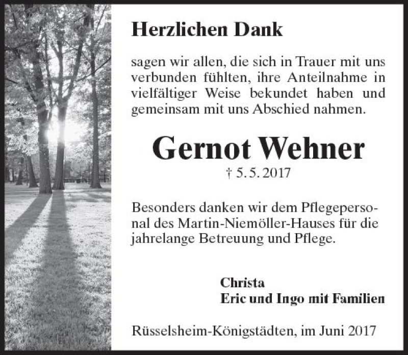  Traueranzeige für Gernot Wehner vom 10.06.2017 aus Trauerportal Rhein Main Presse