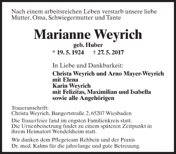 Traueranzeige von Marianne Weyrich von Trauerportal Rhein Main Presse