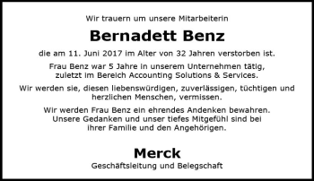 Traueranzeige von Bernadett Benz von Trauerportal Echo Online