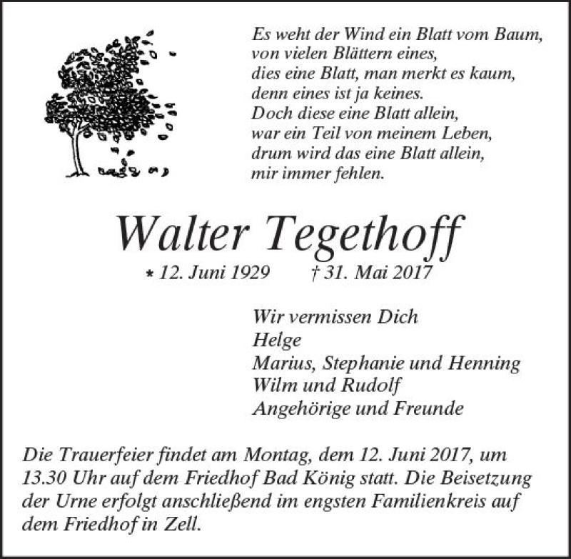 Traueranzeige für Walter Tegethoff vom 07.06.2017 aus Trauerportal Echo Online