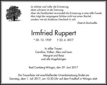 Traueranzeige von Irmfried Ruppert von  Camberger Anzeiger