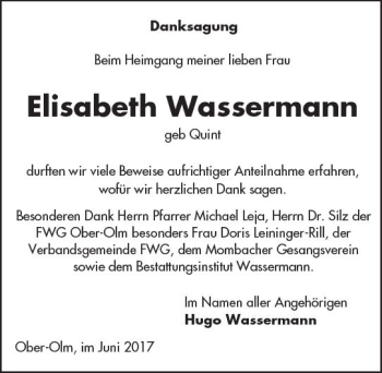 Traueranzeige von Elisabeth Wassermann von Trauerportal Rhein Main Presse