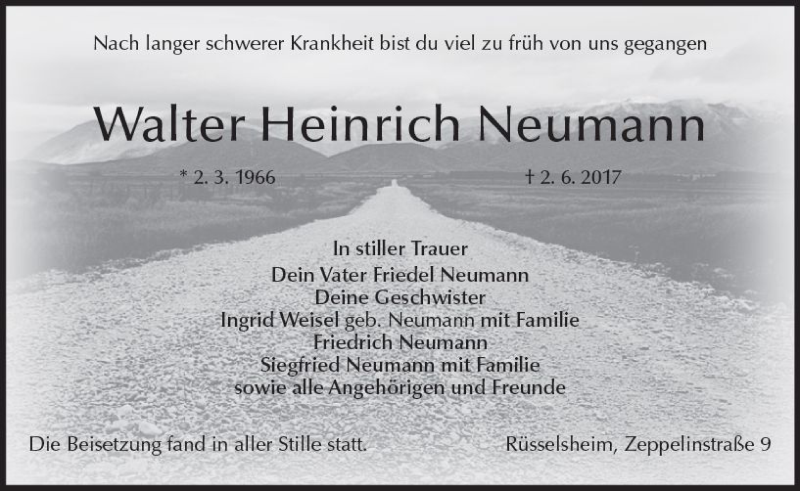  Traueranzeige für Walter Heinrich Neumann vom 10.06.2017 aus Trauerportal Rhein Main Presse