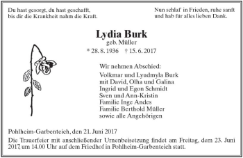 Traueranzeige von Lydia Burk von  Gießener Anzeiger