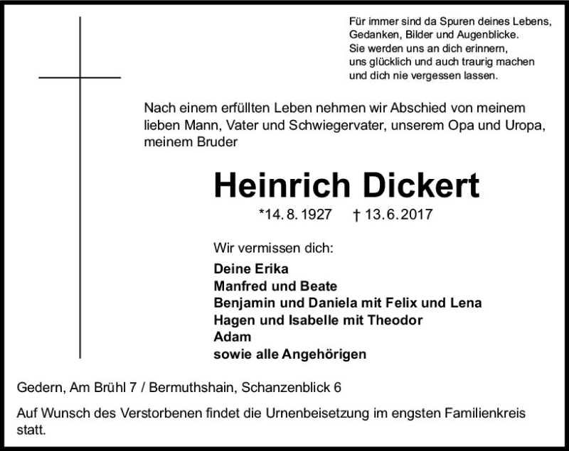  Traueranzeige für Heinrich Dickert vom 24.06.2017 aus VRM Trauer