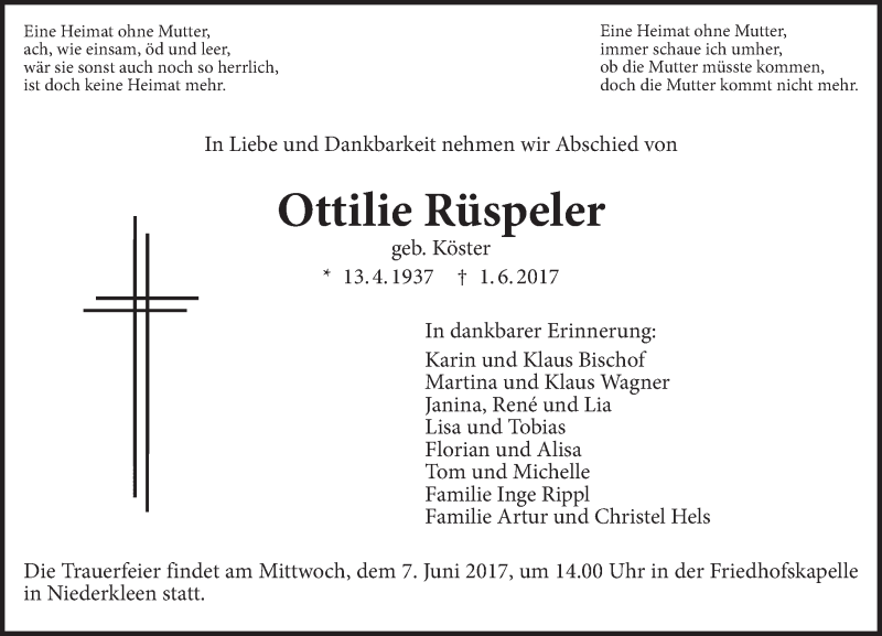  Traueranzeige für Ottilie Rüspeler vom 03.06.2017 aus  Gießener Anzeiger