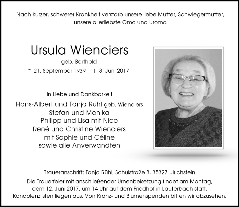  Traueranzeige für Ursula Wienciers vom 08.06.2017 aus VRM Trauer