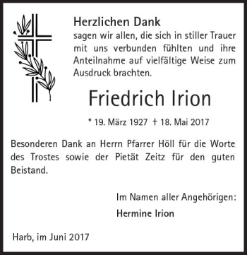 Traueranzeige von Friedrich Irion von  Kreisanzeiger