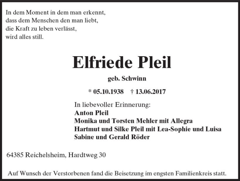  Traueranzeige für Elfriede Pleil vom 24.06.2017 aus Trauerportal Rhein Main Presse