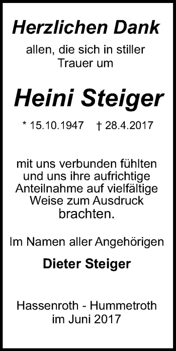 Traueranzeige von Heini Steiger von Trauerportal Echo Online