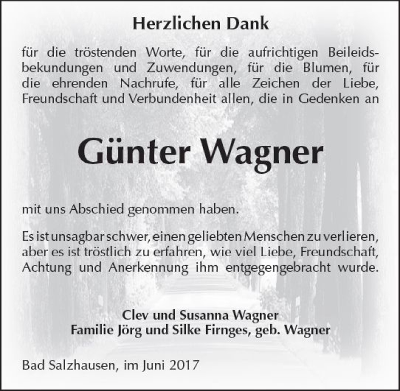  Traueranzeige für Günter Wagner vom 17.06.2017 aus  Kreisanzeiger