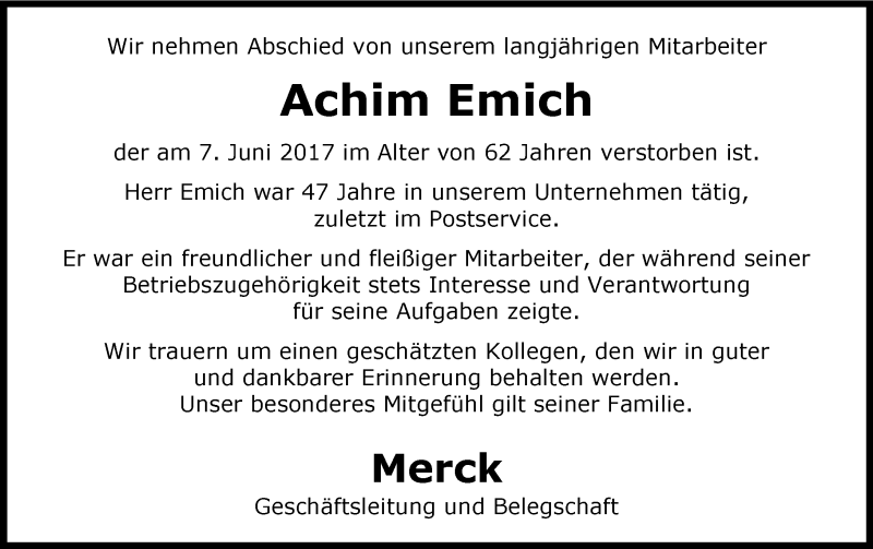  Traueranzeige für Achim Emich vom 23.06.2017 aus Trauerportal Echo Online