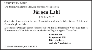 Traueranzeige von Jürgen Lahl von Trauerportal Echo Online