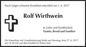 Traueranzeige von Rolf Wirthwein von Trauerportal Rhein Main Presse