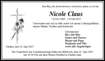 Traueranzeige von Nicole Claus von  Gießener Anzeiger