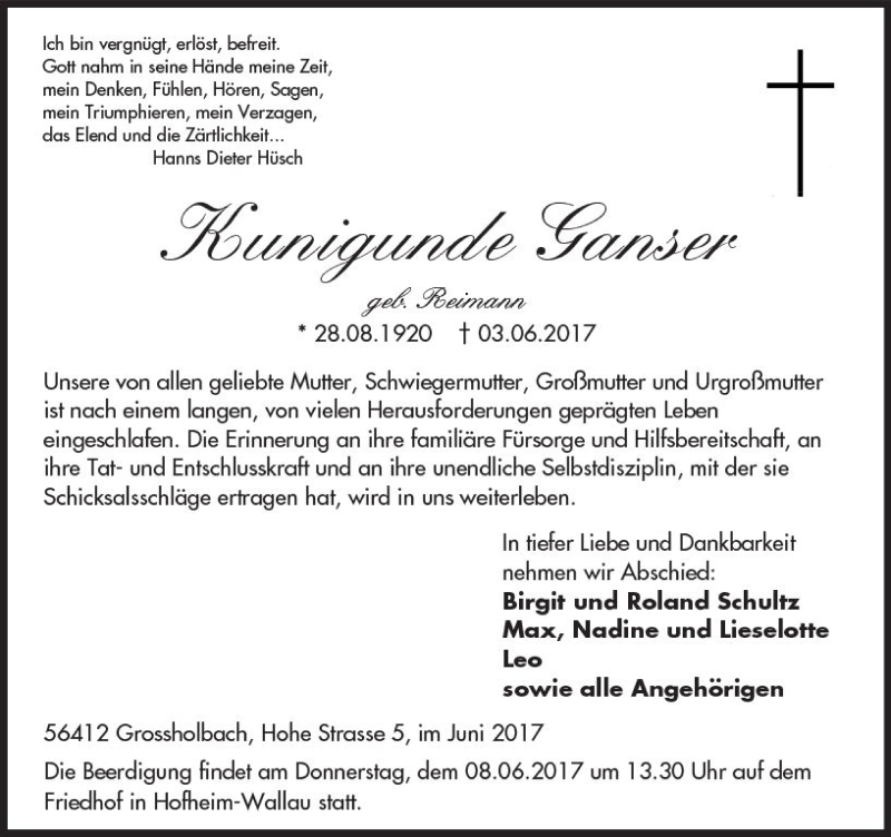  Traueranzeige für Kunigunde Ganser vom 07.06.2017 aus Trauerportal Rhein Main Presse