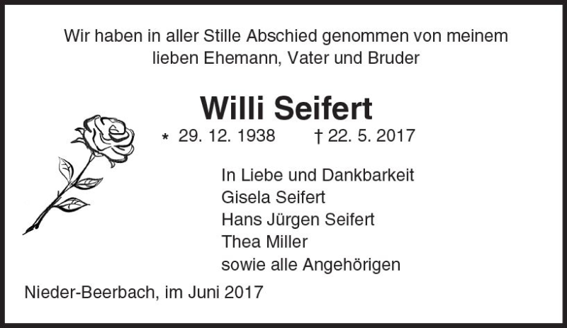  Traueranzeige für Willi Seifert vom 10.06.2017 aus Trauerportal Echo Online