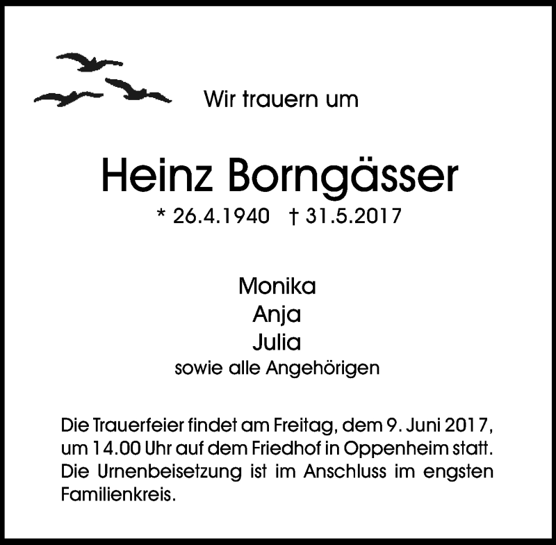  Traueranzeige für Heinz Borngässer vom 03.06.2017 aus Trauerportal Rhein Main Presse