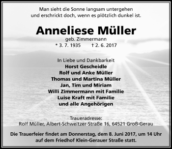 Traueranzeige von Anneliese Müller von Trauerportal Echo-Online