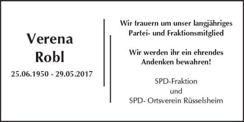  Traueranzeige für Verena Robl vom 09.06.2017 aus Trauerportal Rhein Main Presse