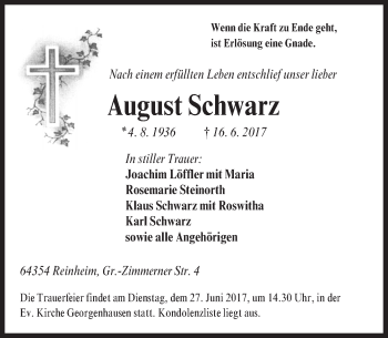 Traueranzeige von August Schwarz von Trauerportal Echo Online