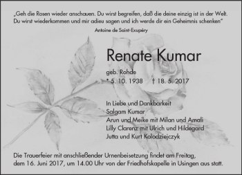 Traueranzeige von Renate Kumar von  Usinger Anzeiger
