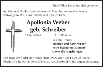 Traueranzeige von Apollonia Weber von Trauerportal Rhein Main Presse