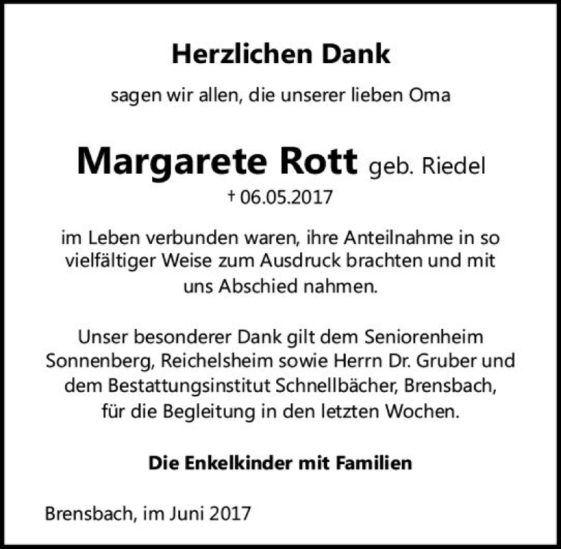 Traueranzeige für Margarete Rott vom 10.06.2017 aus Trauerportal Echo Online