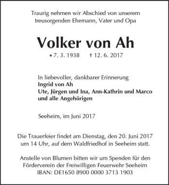 Traueranzeige von Volker von Ah von Trauerportal Echo Online