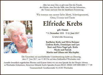 Traueranzeige von Elfriede Krebs von Trauerportal Rhein Main Presse