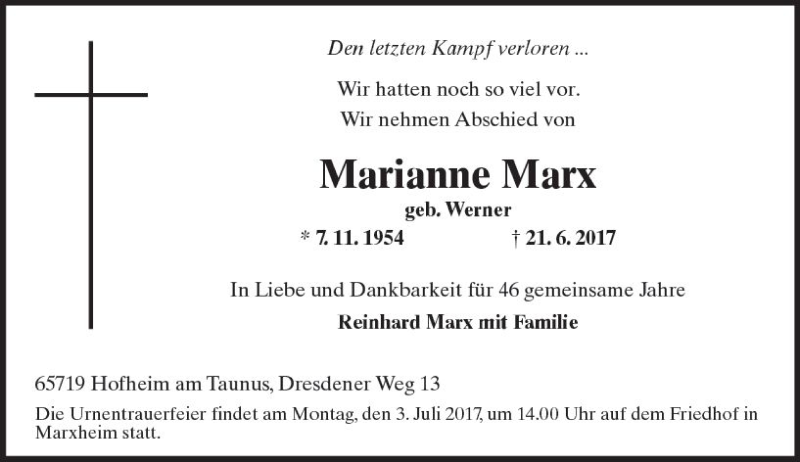  Traueranzeige für Marianne Marx vom 30.06.2017 aus Trauerportal Rhein Main Presse