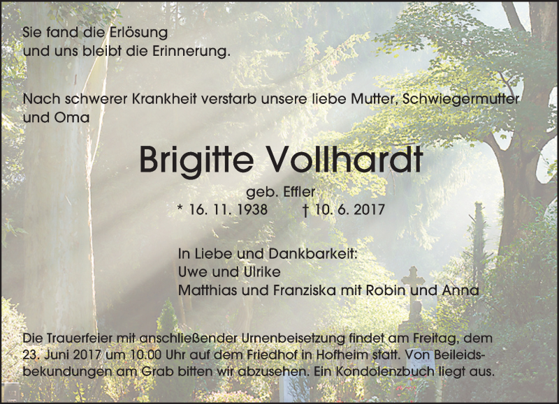  Traueranzeige für Brigitte Vollhardt vom 21.06.2017 aus Trauerportal Echo Online
