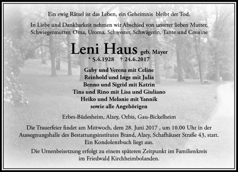  Traueranzeige für Leni Haus vom 26.06.2017 aus Trauerportal Rhein Main Presse